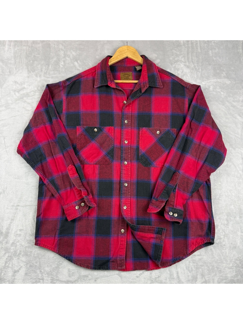 Vintage St Johns Bay MenXL Red Black Plaid Flannel Shirt Cotton Button Up Grunge